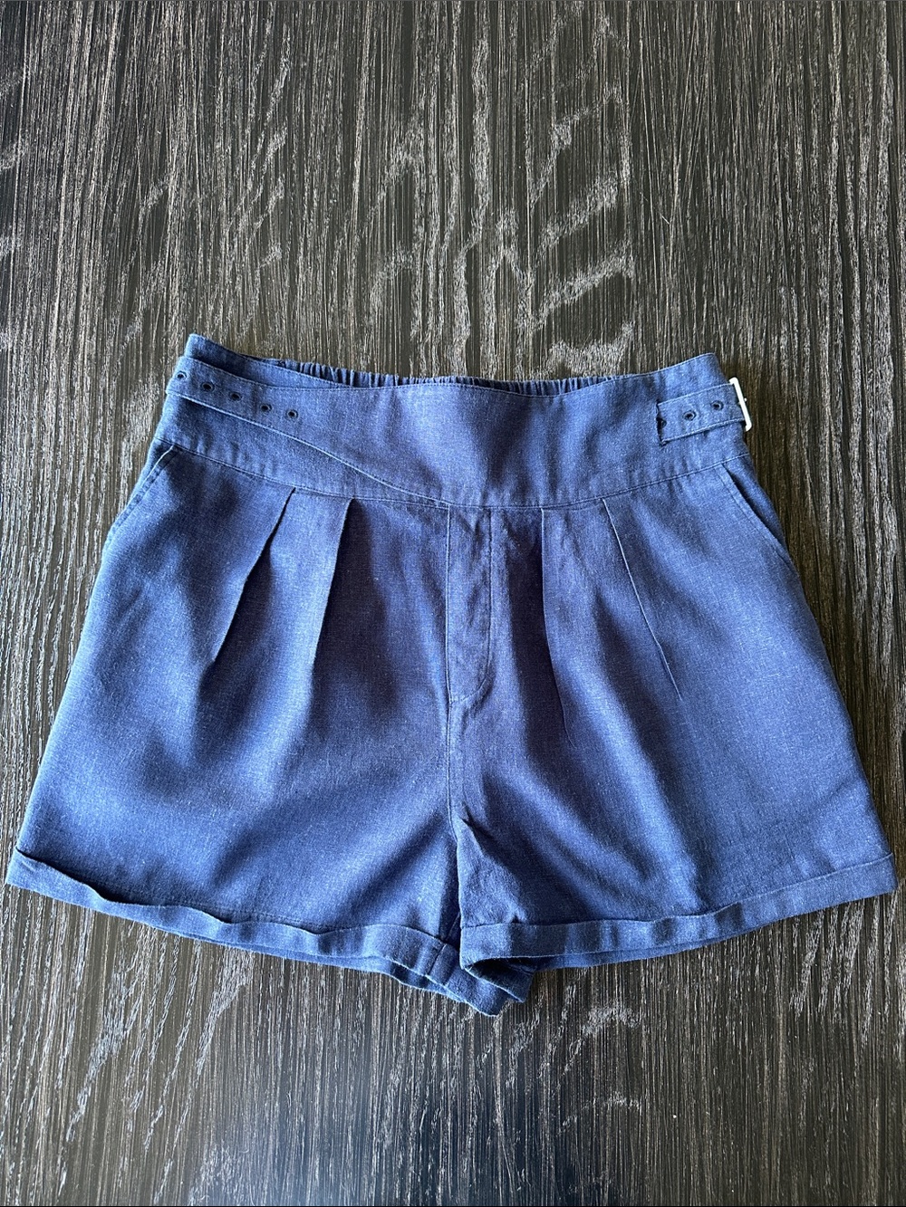 Urban Outfitters Linen Blend Double Buckle Adjustable Blue Flowy Shorts, Size L